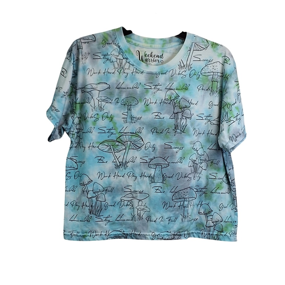 Weekend Warriors Mushroom Tie Dye Graphic T-Shirt Blue Green Womens Large